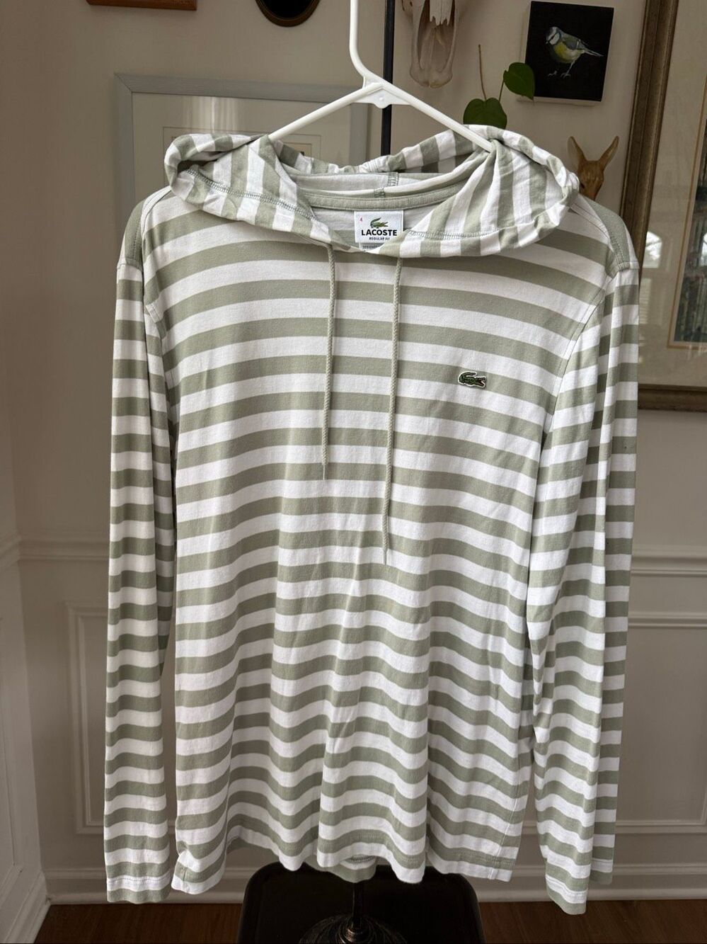 Lacoste Stripe Tshirt Hoodie Mens Size 4 S M Sage Green Striped Lightweight Pull - Picture 2 of 8